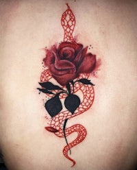 a woman's back tattoo with a red rose and a snake